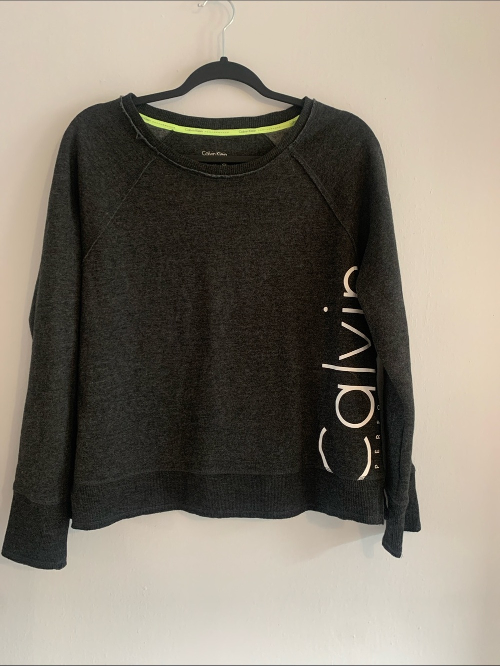 CALVIN KLEIN Charcoal Crewneck Sweater with White Sleeve Logo